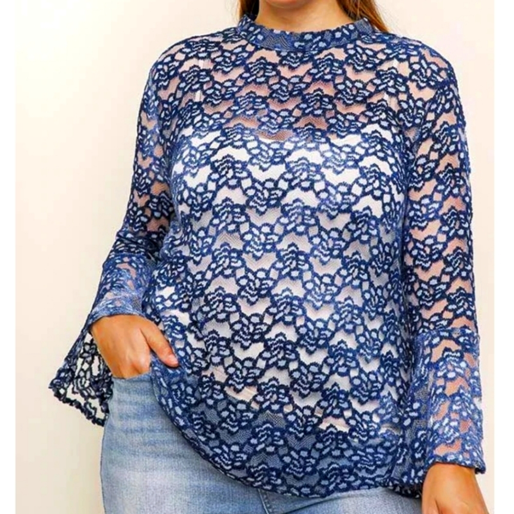 Umgee New NWT Sheer Plus Size Bell Sleeve Blue 1x Long Sleeve top